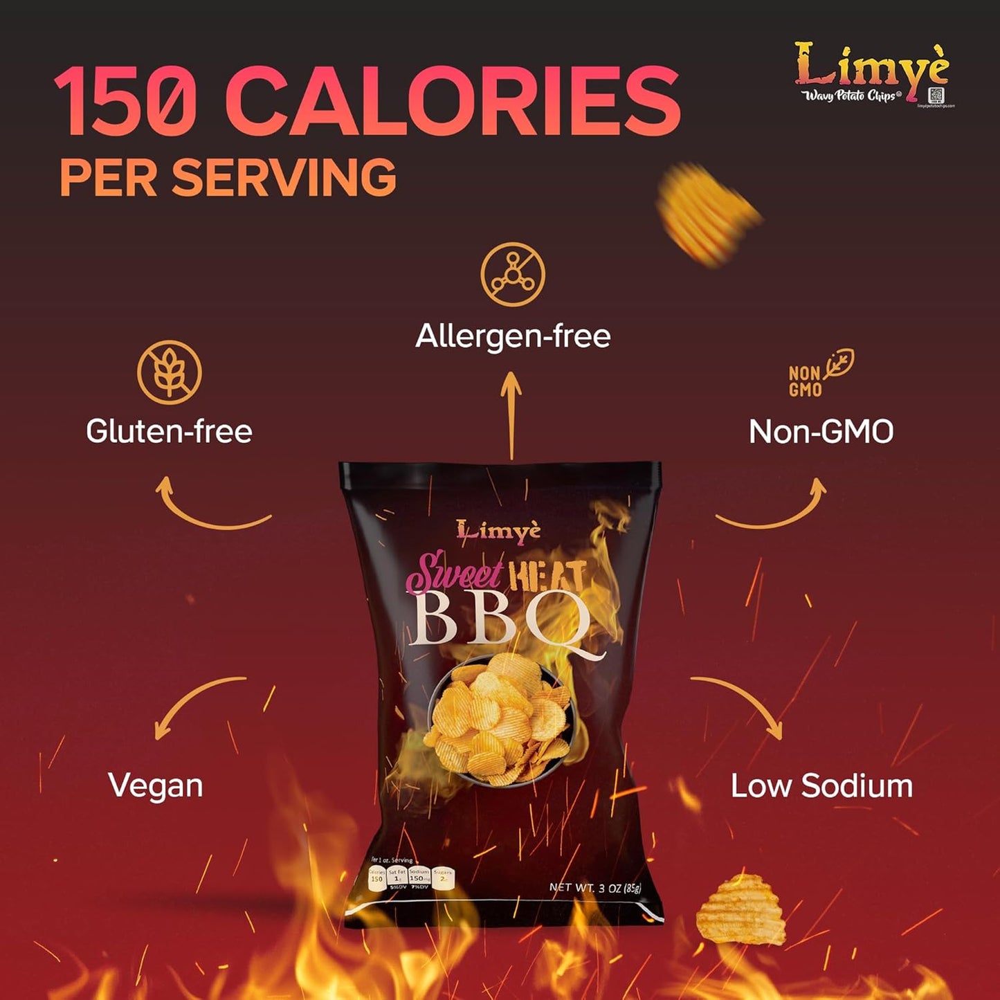 Limyé Potato Chips, World Spice Flavor & Sweet Heat BBQ, Kosher Certified, Allergen Free Vegan potato chips, 3 Oz