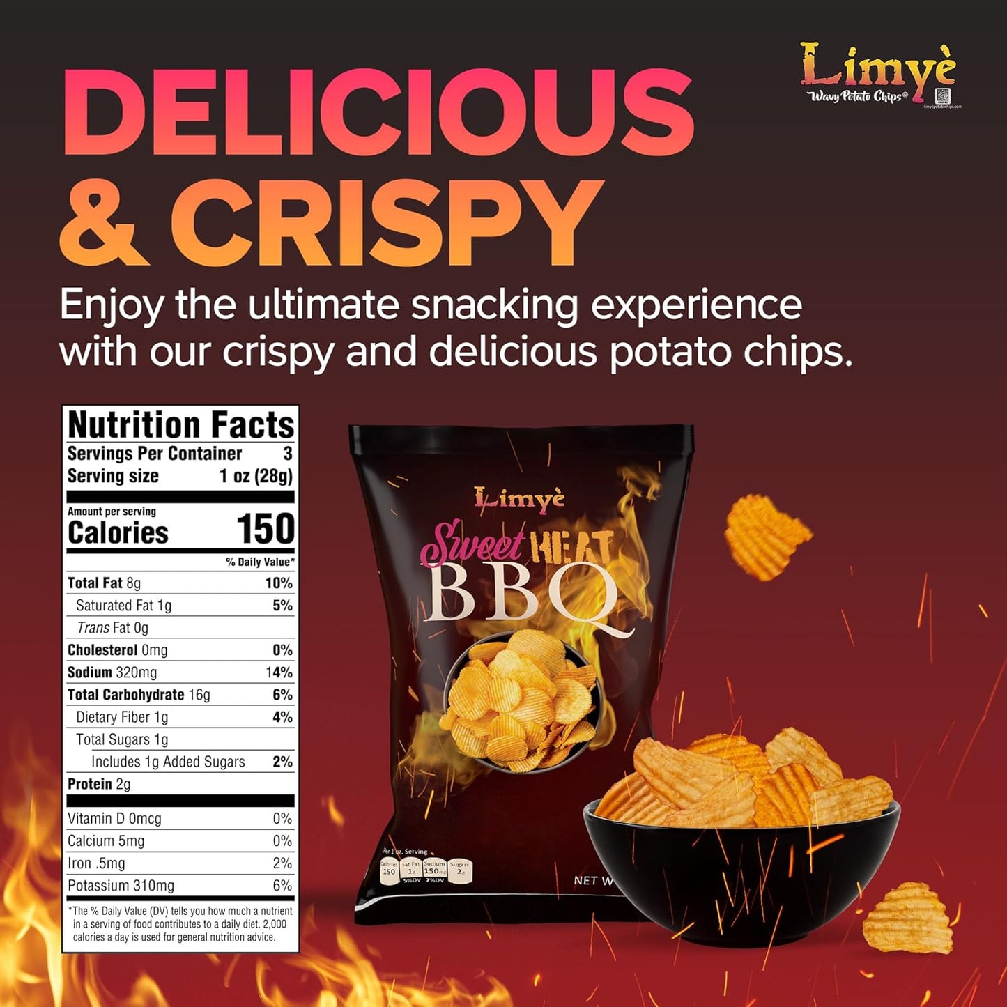 Limyé Potato Chips, World Spice Flavor & Sweet Heat BBQ, Kosher Certified, Allergen Free Vegan potato chips, 3 Oz