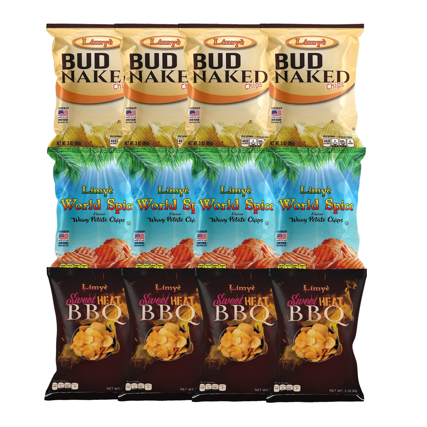 Limyé Potato Chips Variety Pack - Bud Naked, World Spice, Sweet Heat BBQ Flavors - Kosher Certified, Allergen-Free, Vegan, Gluten-Free, Combo Pack of 3 Flavors 1.5 Oz and 3 Oz