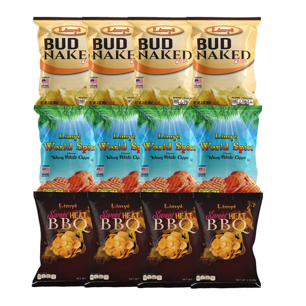 Limyè Potato Chips Variety Pack - Bud Naked, World Spice, Sweet Heat BBQ Flavors - Kosher Certified, Allergen-Free, Vegan, Gluten-Free, Combo Pack of 3 Flavors 1.5 Oz and 3 Oz
