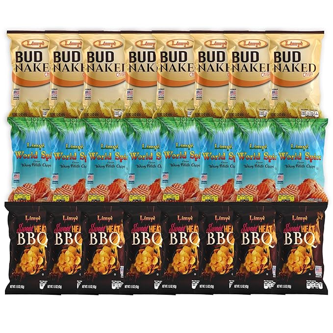 Limyé Potato Chips Variety Pack - Bud Naked, World Spice, Sweet Heat BBQ Flavors - Kosher Certified, Allergen-Free, Vegan, Gluten-Free, Combo Pack of 3 Flavors 1.5 Oz and 3 Oz